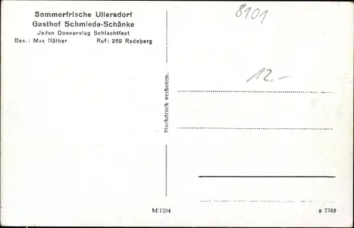 Ak Ullersdorf Radeberg in Sachsen, Gasthof Schmiede Schänke, Inh. Max Näther