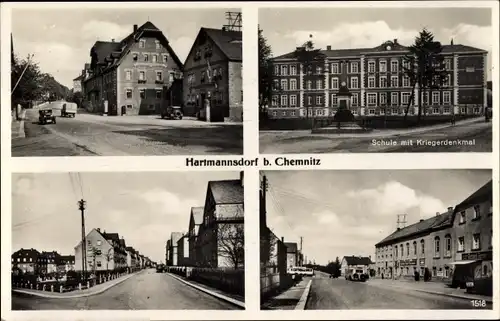Ak Hartmannsdorf in Sachsen, Schule, Kriegerdenkmal, Straßenpartien