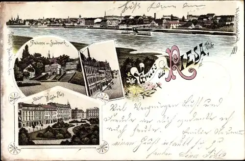 Litho Riesa an der Elbe Sachsen, Freitreppe am Stadtpark, Kaiser Wilhelm Platz, Panorama