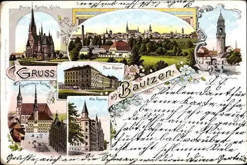 Litho Bautzen in der Oberlausitz, Petrikirche, Rathaus, Alte u. Neue Kaserne, Reichenturm