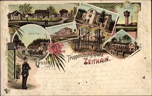 Litho Zeithain in Sachsen, Truppenübungsplatz, Garnison Verwaltung, Wasserturm, Kommandantur, Casino