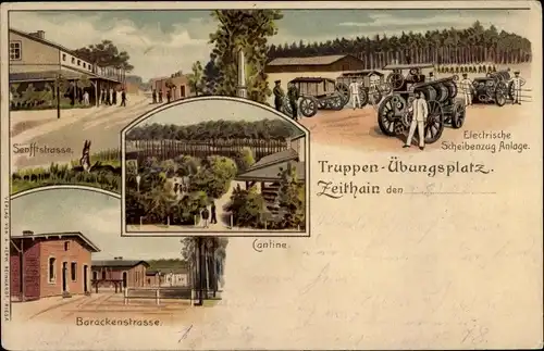 Litho Zeithain in Sachsen, Truppenübungsplatz, elektr. Scheibenzug Anlage, Baracken, Senfftstraße