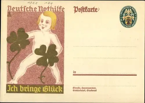 Ganzsachen Ak Deutsche Nothilfe, Kind mit Kleeblatt, Ich bringe Glück