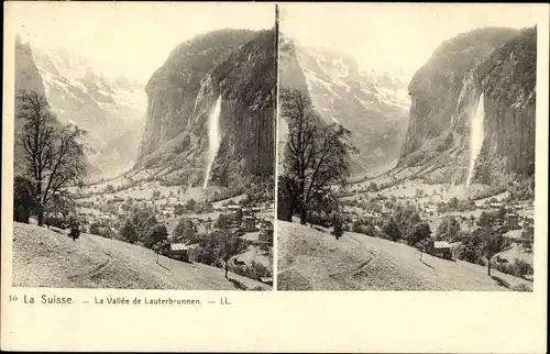 Stereo Ak Lauterbrunnen Kt. Bern Schweiz, Blick auf den Ort, Wasserfall