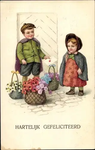 Präge Ak Glückwunsch Geburtstag, Kinder mit Blumenkörben
