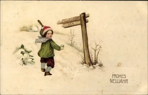 Präge Litho Glückwunsch Neujahr, Winterlandschaft, Wegweiser, Junge