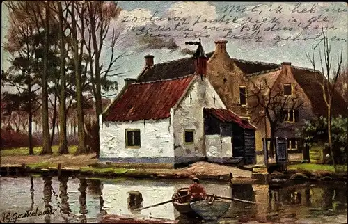 Künstler Ak Gerstenhauer, Johann, Georg, Kleines Haus am Wasser, Ruderpartie, Fluss