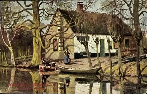 Künstler Ak Gerstenhauer, Johann, Kleines Haus am Wasser, Ruderboot