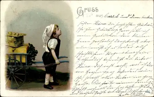 Ak Kleiner Junge zieht einen Handwagen