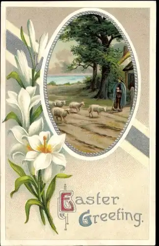 Präge Litho Glückwunsch Ostern, Lilien, Schäfer mit Schafherde