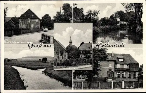 Ak Hollenstedt in Niedersachsen, Geschäft Hennecke, See, Fluss, Schule, Kirche