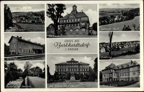 Ak Burkhardtsdorf im Erzgebirge Sachsen, Bahnhof, Schule, Rathaus, Siedlung, Teich, Zwönitz