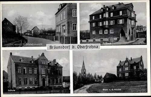 Ak Bräunsdorf Limbach Oberfrohna Sachsen, Rathaus, Schule, Kirche, Teilansicht