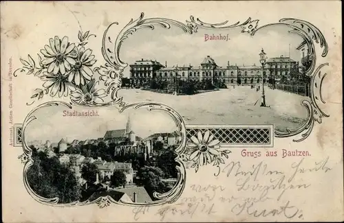 Passepartout Ak Bautzen in der Oberlausitz, Bahnhof, Stadtansicht