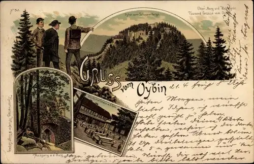 Litho Oybin in Sachsen, Burg, Gesellschaftshaus, Blick vom Schuppenberge, Wanderer 