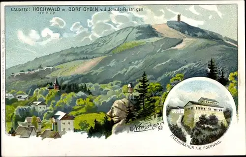Künstler Litho Kretschmar, O., Oybin, Restaurant auf dem Hochwald mit Dorf