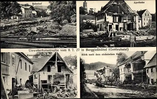 Ak Berggießhübel Überschwemmung 1927, Apotheke, Bahnhof, sächsisches Haus