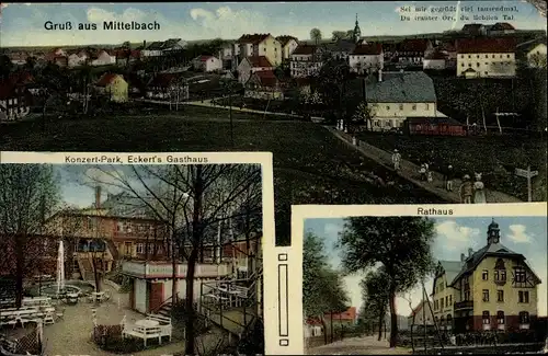 Ak Mittelbach Chemnitz in Sachsen, Eckert's Konzerthaus, Rathaus, Blick auf den Ort