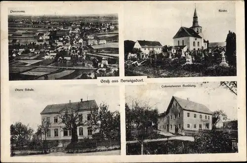 Ak Herwigsdorf Rosenbach in der Oberlausitz, Kolonialwarenhandlung, Schule, Kirche, Panorama