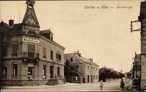 Ak Gröba Riesa an der Elbe Sachen, Kirchstraße, Gemeindeamt, Gasthaus zum Anker