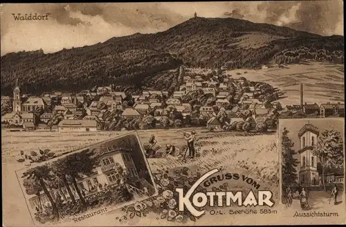 Künstler Ak Walddorf Kottmar in der Oberlausitz, Aussichtsturm, Restaurant, Blick auf den Ort