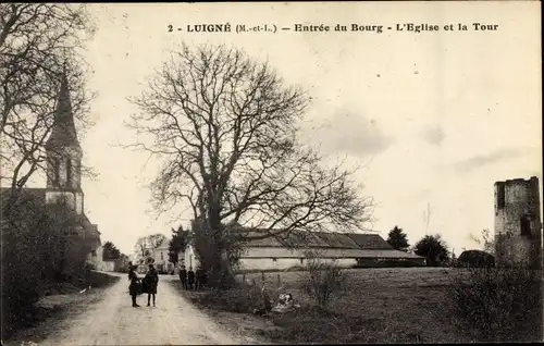 Ak Luigné Maine et Loire, Entrée du Bourg, L'Église et la Tour