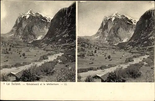 Stereo Ak Grindelwald Kt. Bern Schweiz, Landschaft mit Wetterhorn