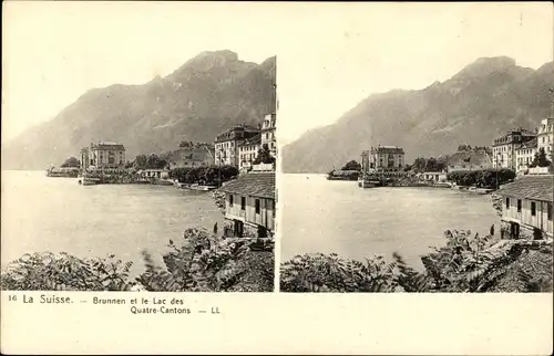 Stereo Ak Brunnen Kt. Schwyz Schweiz, Lac des Quatre Cantons, Blick auf den Ort