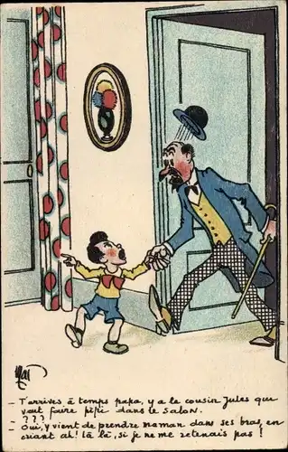 Künstler Ak Junge begrüßt seinen Vater, Erschrockener Mann, Bild, Vorhang