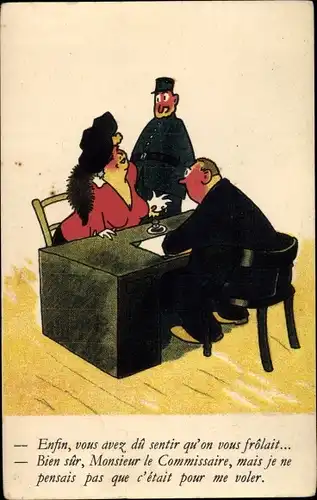 Ak Eine übergewichtige Dame im Amt, Beamte am Schreibtisch