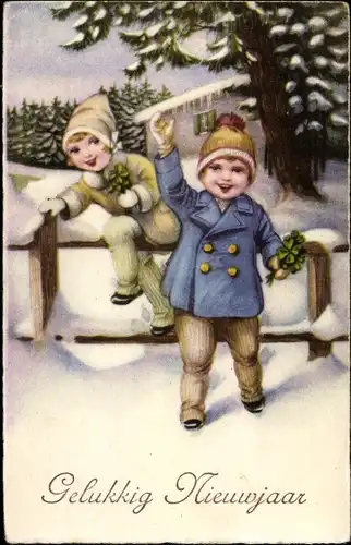 Ak Glückwunsch Neujahr, Junge und Mädchen mit Klee im Schnee