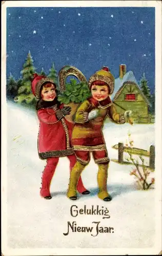 Präge Litho Glückwunsch Neujahr, Junge und Mädchen mit Klee und Hufeisen