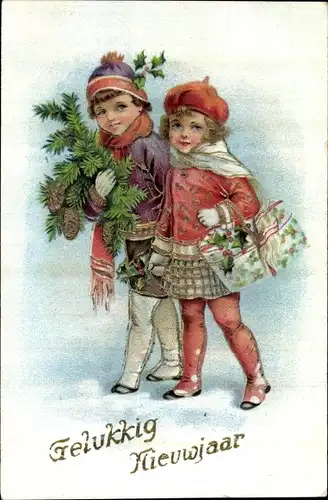 Präge Litho Glückwunsch Neujahr, Junge und Mädchen mit Tannenzweigen und Stechpalmenzweigen