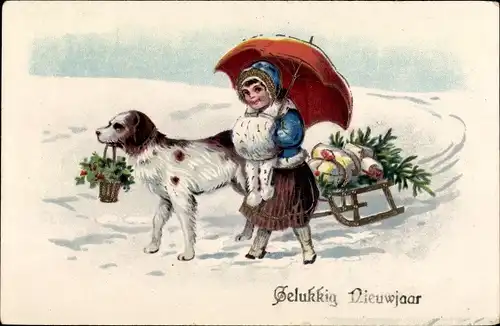 Präge Ak Glückwunsch Neujahr, Hund zieht einen Schlitten mit Geschenken, Mädchen mit Schirm