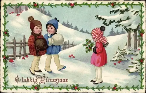 Ak Glückwunsch Neujahr, Kinder mit Stechpalmenzweigen, Winterlandschaft