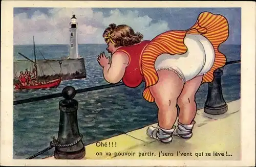 Künstler Ak Ohe,on va pouvoir partis, j'sens l'vent qui se leve,Wind bläßt Rock von dicker Frau hoch
