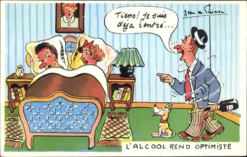 Künstler Ak De Preissac, Jean, L'Alcool rend Optimiste, Betrunkener Mann kehrt Heim