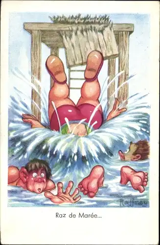 Künstler Ak Raddnay, Raz de Maree, dicke Frau fällt ins Wasser