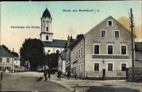 Ak Bad Brambach im Vogtland, Marktplatz, Kirche, Konditorei und Cafe