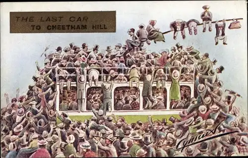 Künstler Ak Cheetham Hill Manchester England, The Last Car, Andrang auf Straßenbahn