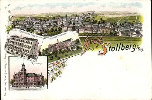 Litho Stollberg im Erzgebirge, Rathaus, Schloss Hoheneck, Realschule u. Gymnasium