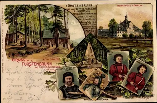 Litho Spindler, Fürstenbrunn Schwarzenberg Erzgebirge, Köhlerhütte, Heimstätte Förstel, Prinzenraub