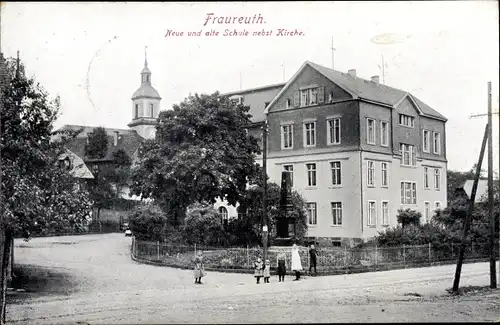 Ak Fraureuth Sachsen, Neue und alte Schule nebst Kirche