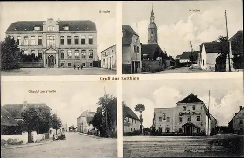 Ak Zeithain in Sachsen, Schule, Kirche, Glaubitzer Straße, Gasthof zum Stern