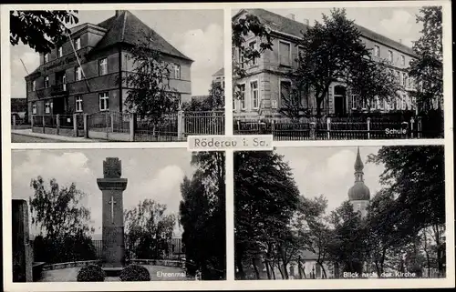 Ak Röderau Zeithain in Sachsen, Sparkasse, Gemeindeamt, Schule, Kirche, Ehrenmal