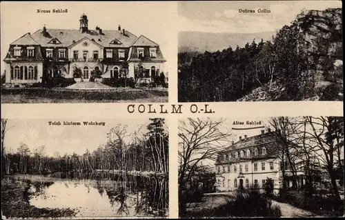Ak Collm Kollm in der Oberlausitz, Neues Schloss, Altes Schloss, Dubrau, Teich hinterm Weinberg