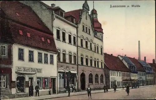 Ak Lunzenau in Sachsen, Straßenpartie, Geschäftshäuser, Karl Jäh