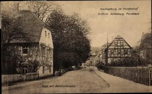 Ak Wechselburg in Sachsen, Gräflich Schönburg. Forsthaus, Post, Bahnhofstraße