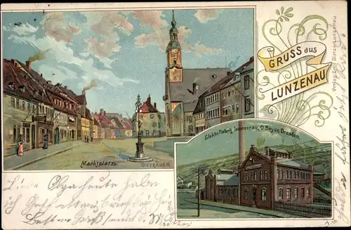 Künstler Litho Dutzauer, Lunzenau in Sachsen, Marktplatz, Elektrizitätswerk O. Beyer