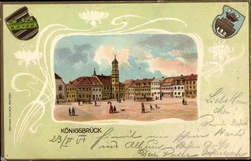 Präge Wappen Passepartout Litho Königsbrück, Marktplatz